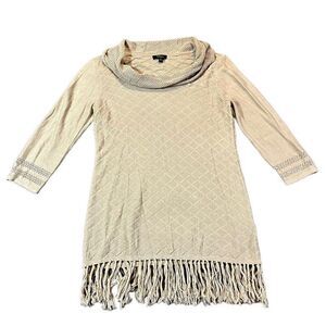 Cupio Women’s Tan Knit Tunic Tassel Bottom Cowl Neck Medium